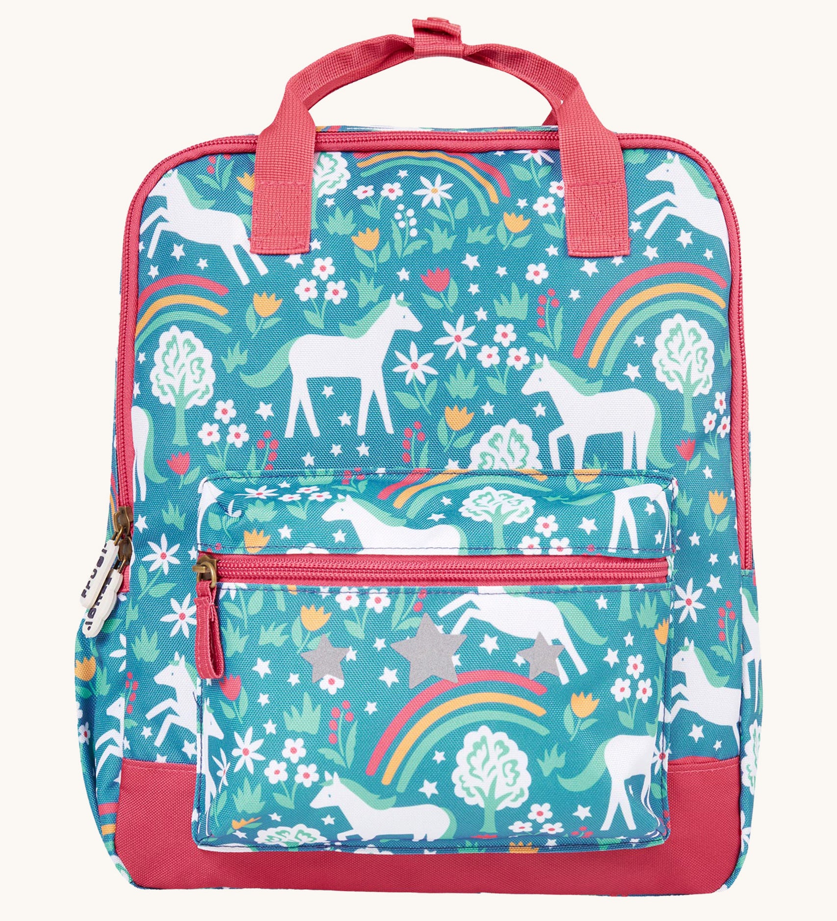 Frugi Explorers Backpack - Wild Horses. Made from post-consumer recycled plastic, this Explorers Backpack from Frugi comes in a Wild Horses print which features white horses, colourful pink, yellow and green rainbows, plants and flowers. Perfect for schoo