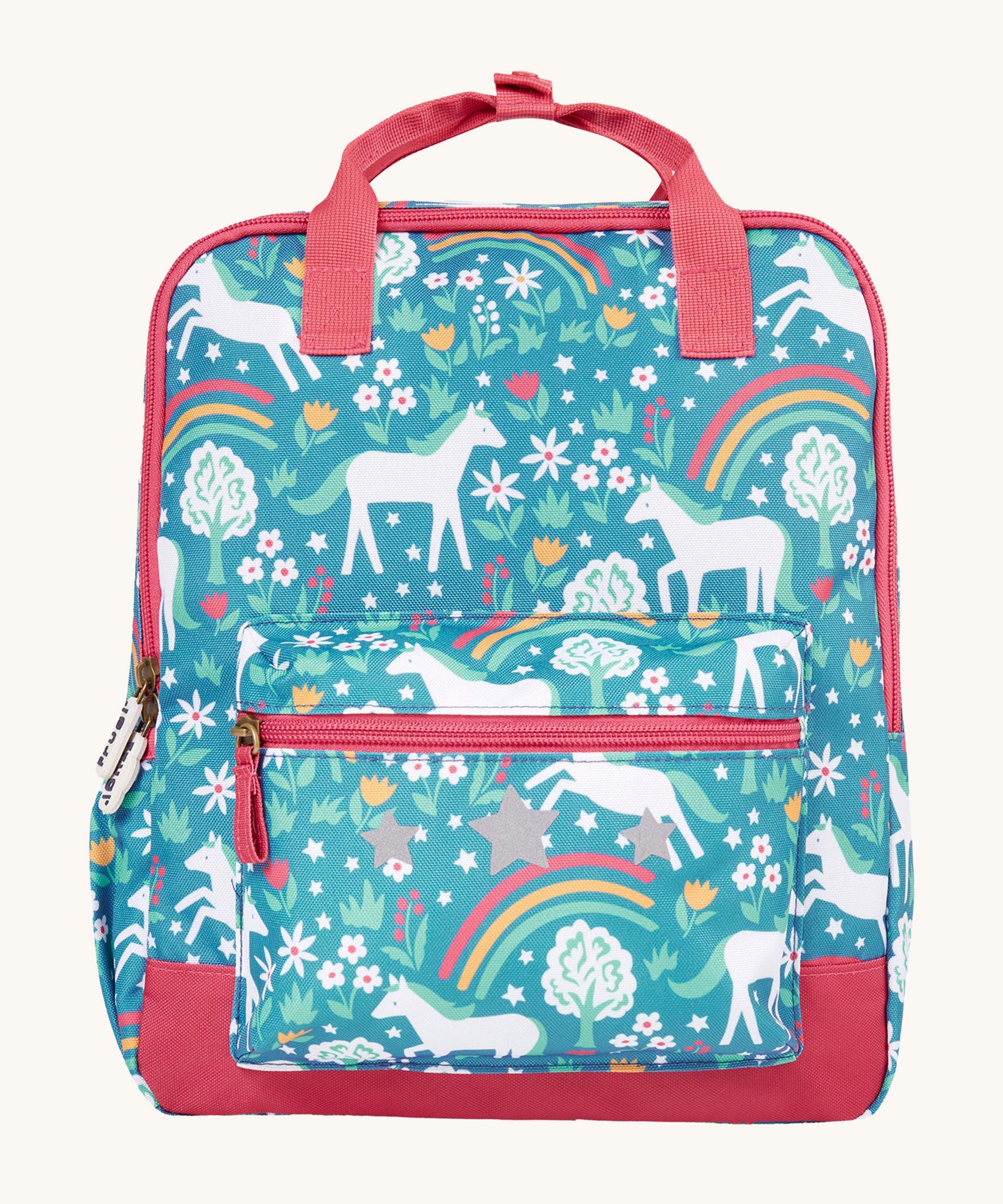 Frugi Explorers Backpack - Wild Horses. Made from post-consumer recycled plastic, this Explorers Backpack from Frugi comes in a Wild Horses print which features white horses, colourful pink, yellow and green rainbows, plants and flowers. Perfect for schoo