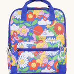 Frugi Explorers Backpack - Retro Happy. Made from post-consumer recycled plastic, this Explorers Backpack from Frugi comes in a Retro Happy print featuring smiling planets, flowers and bold colours. Perfect for school, this bag has a large main pocket wit