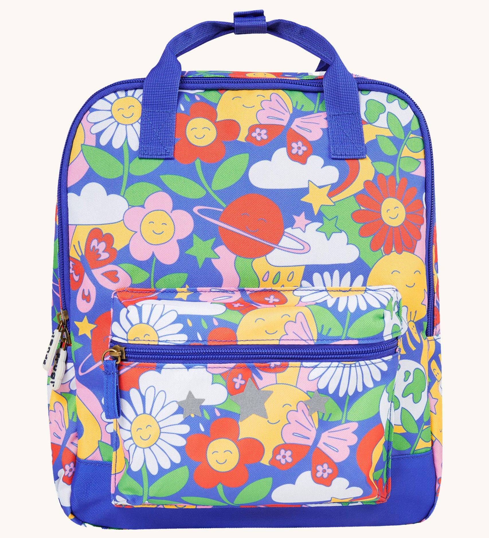 Frugi Explorers Backpack - Retro Happy. Made from post-consumer recycled plastic, this Explorers Backpack from Frugi comes in a Retro Happy print featuring smiling planets, flowers and bold colours. Perfect for school, this bag has a large main pocket wit