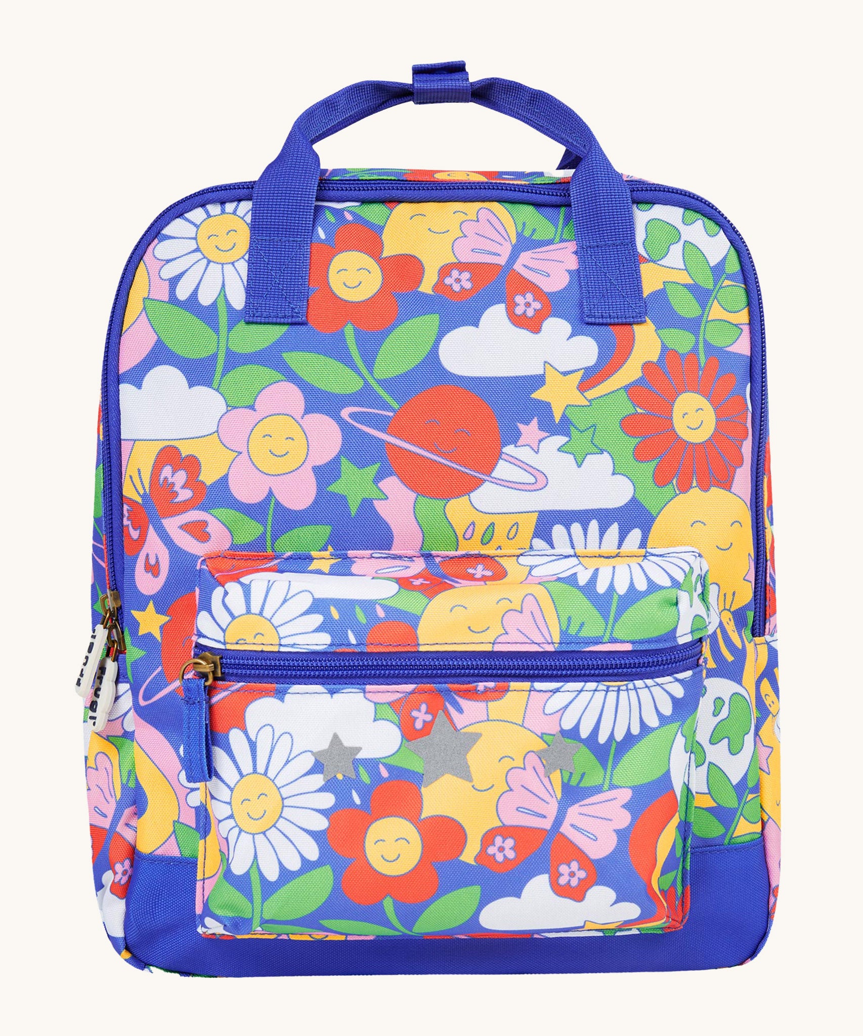 Frugi Explorers Backpack - Retro Happy. Made from post-consumer recycled plastic, this Explorers Backpack from Frugi comes in a Retro Happy print featuring smiling planets, flowers and bold colours. Perfect for school, this bag has a large main pocket wit