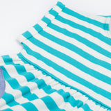 Close up of the Frugi kids Felicity koala dress. Showing the turned up sleeve detail of the top half of the dress on white and light blue striped organic cotton fabric