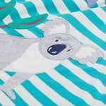 Close up of the Frugi kids Felicity koala dress. Showing the appliqué of a grey koala on white and light blue striped organic cotton fabric