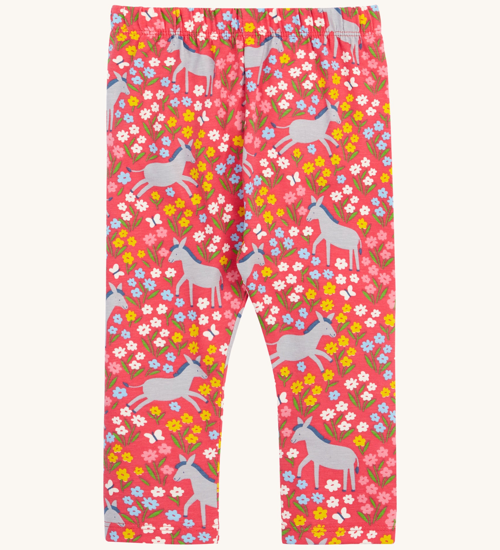 Frugi kids donkey drove bounce libby leggings - GOTS organic cotton kids light pink leggings. Features a multicoloured flower design with grey donkeys.