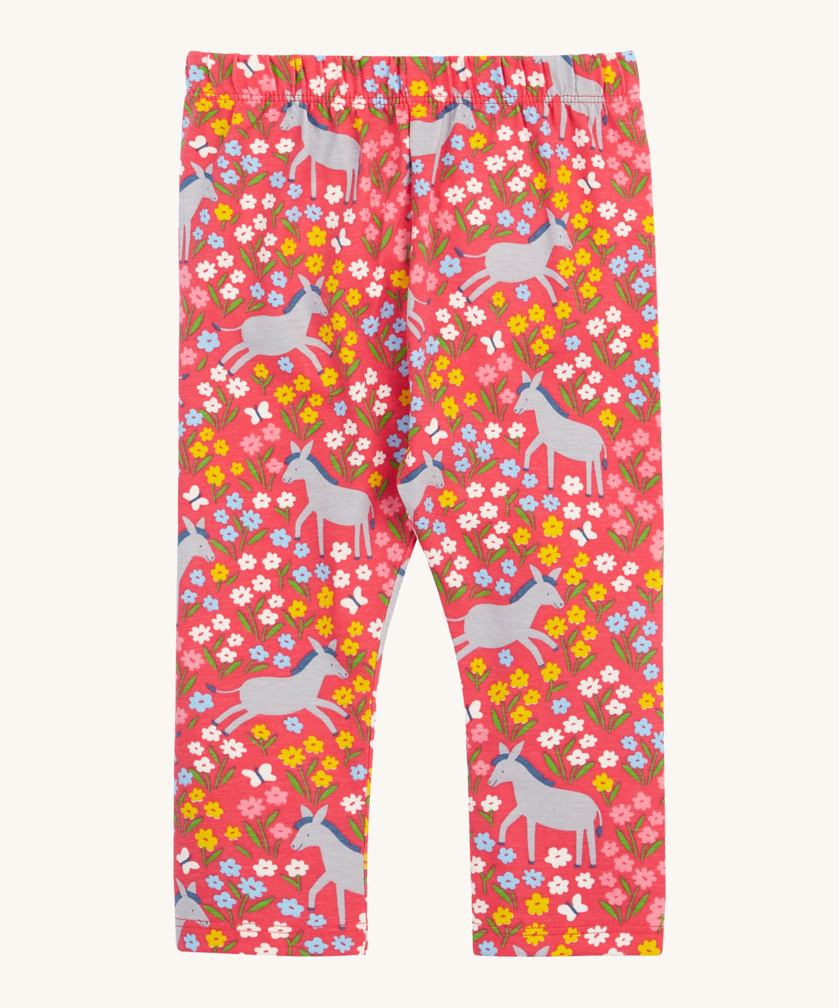 Frugi kids donkey drove bounce libby leggings - GOTS organic cotton kids light pink leggings. Features a multicoloured flower design with grey donkeys.