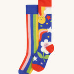 Frugi Children's Brilliant Boot Socks 2 Pack - Retro. One pair has bold rainbow stripes while the other has a playful Retro flower and weather print.