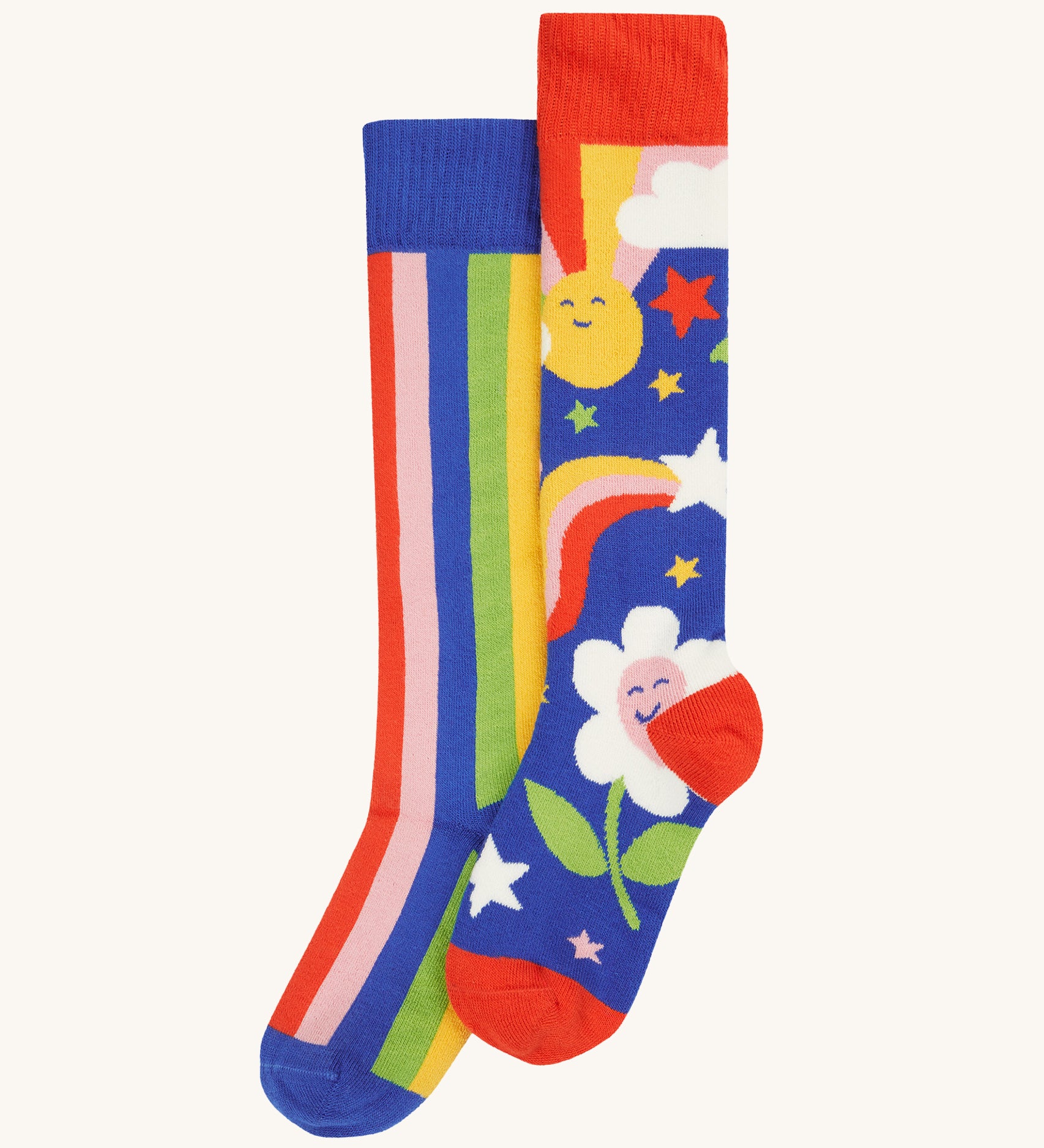 Frugi Children's Brilliant Boot Socks 2 Pack - Retro. One pair has bold rainbow stripes while the other has a playful Retro flower and weather print.