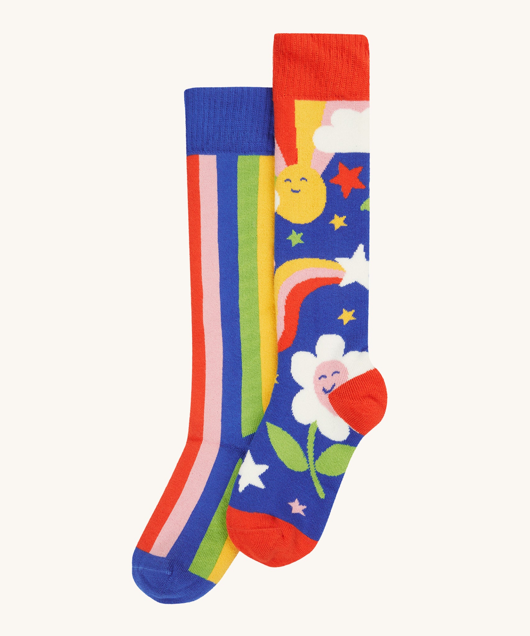 Frugi Children's Brilliant Boot Socks 2 Pack - Retro. One pair has bold rainbow stripes while the other has a playful Retro flower and weather print.