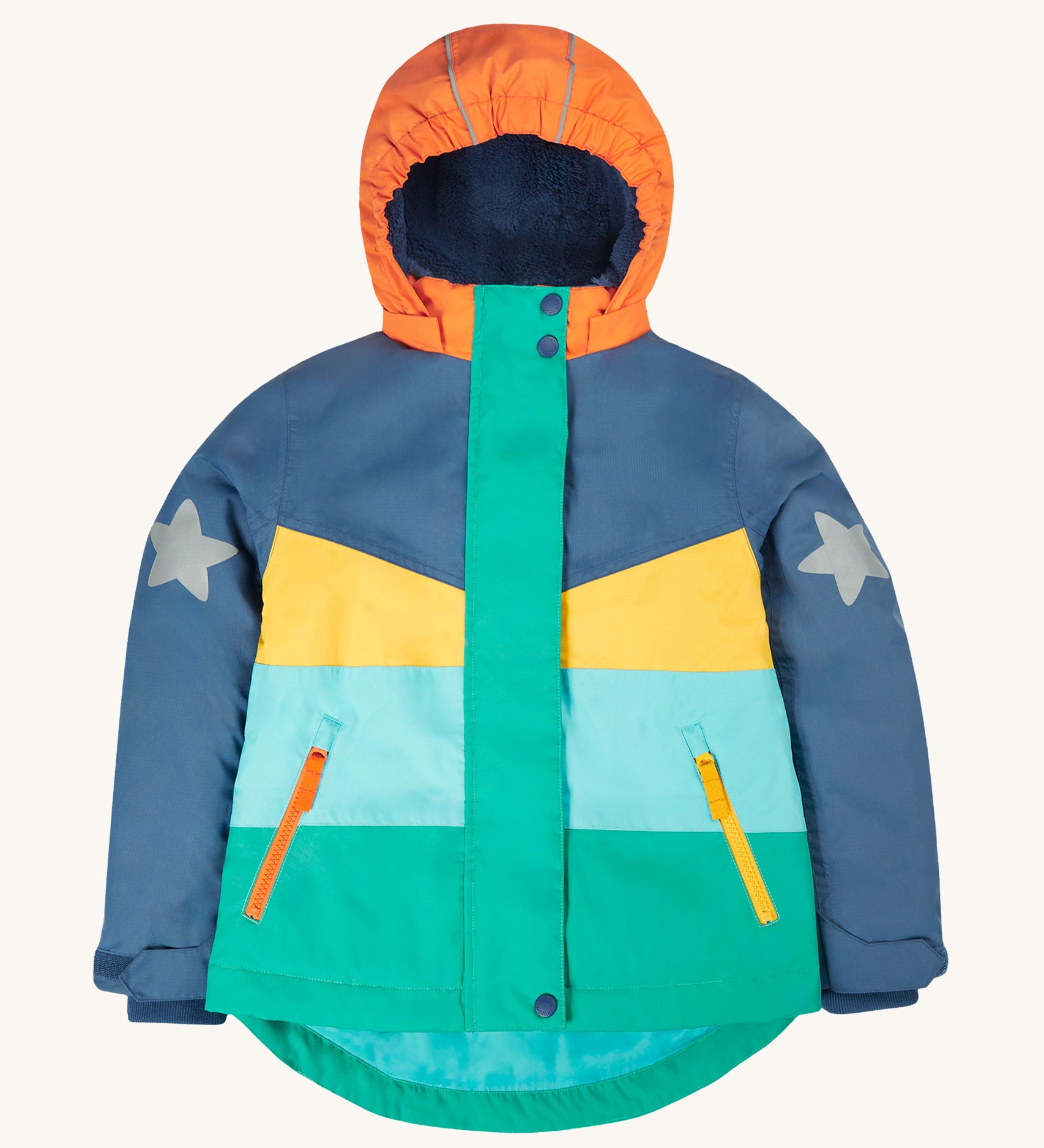 Frugi Snow & Ski Coat - Iguana Colourblock, in bold block colours and a navy fleece inner