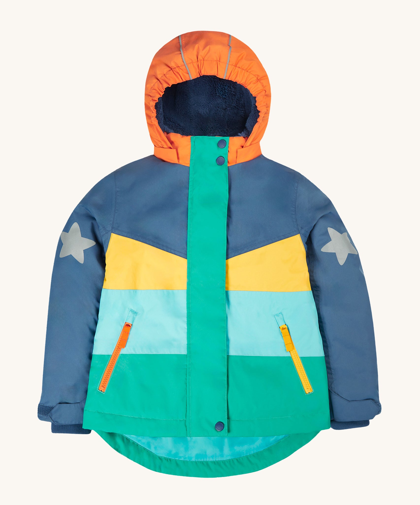 Frugi Snow & Ski Coat - Iguana Colourblock, in bold block colours and a navy fleece inner