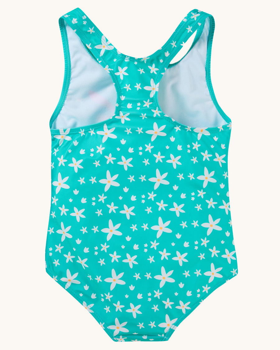 A close up view of the shoulder strap and Macaw on the Frugi Sally Swimsuit - Macaw. A beautiful lined teal blue swimsuit with a colourful macaw