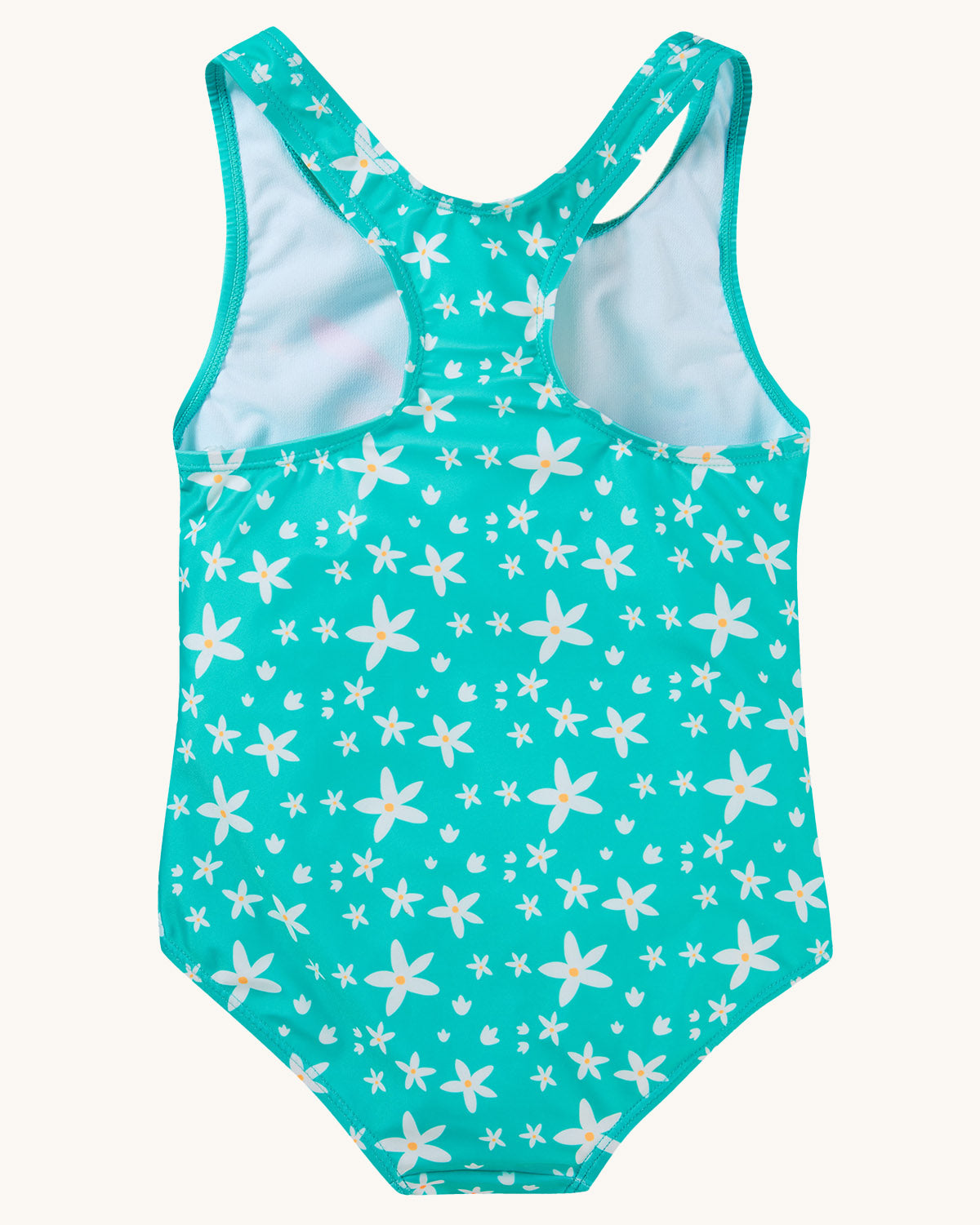 A close up view of the shoulder strap and Macaw on the Frugi Sally Swimsuit - Macaw. A beautiful lined teal blue swimsuit with a colourful macaw