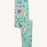 Frugi kids let's bake libby leggings - GOTS organic cotton light green leggings folded with different cakes, puddings and ice creams designs.