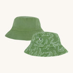 Frugi kids rocky reversible crocodile hat - GOTS organic cotton Frugi kids reversible bucket hat in green. Features a white outline crocodile design all over the hat. 