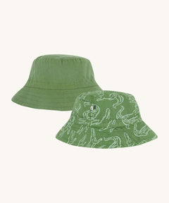 Frugi kids rocky reversible crocodile hat - GOTS organic cotton Frugi kids reversible bucket hat in green. Features a white outline crocodile design all over the hat. 