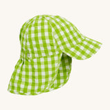 Frugi little seersucker sun hat - GOTS organic cotton baby sun hat in a green and white gingham colourway. Features a front peak and protective neck for protection.