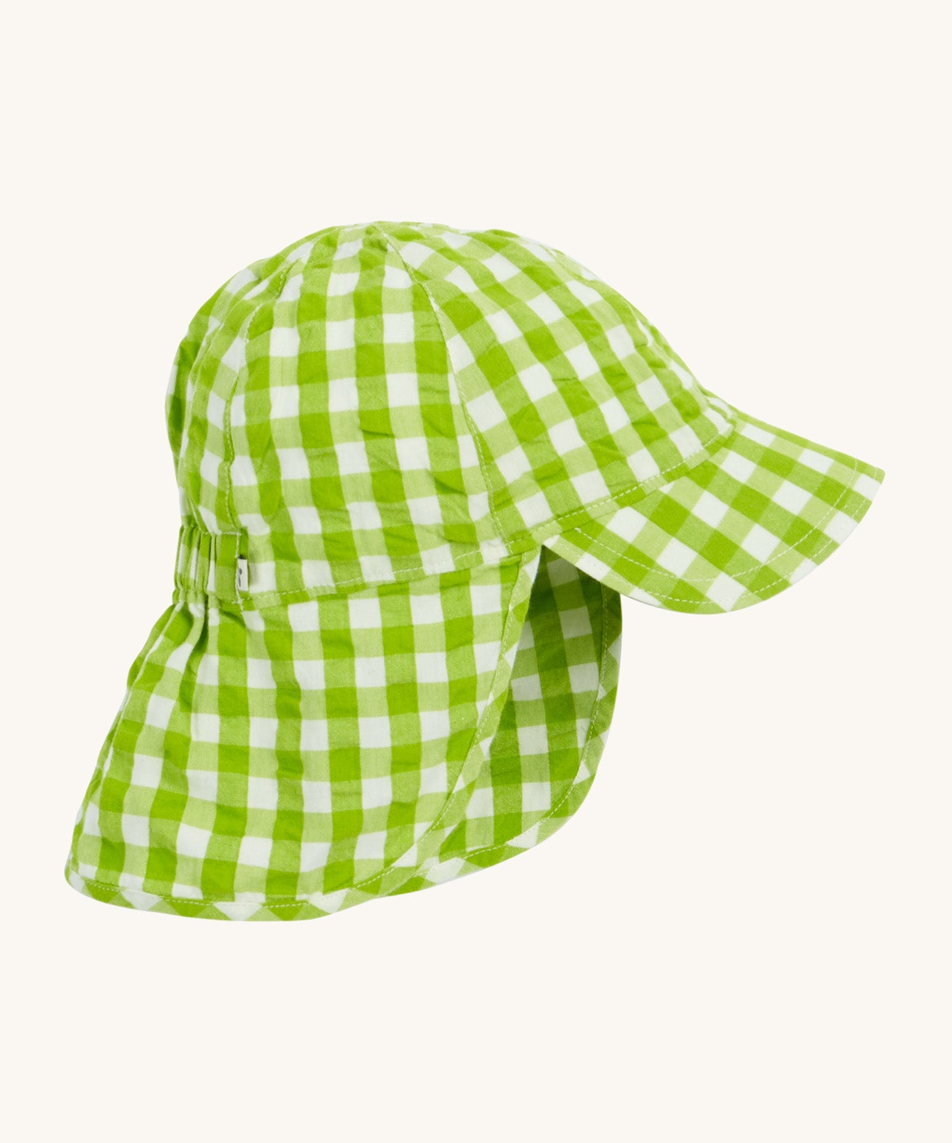 Frugi little seersucker sun hat - GOTS organic cotton baby sun hat in a green and white gingham colourway. Features a front peak and protective neck for protection.