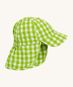 Frugi little seersucker sun hat - GOTS organic cotton baby sun hat in a green and white gingham colourway. Features a front peak and protective neck for protection.