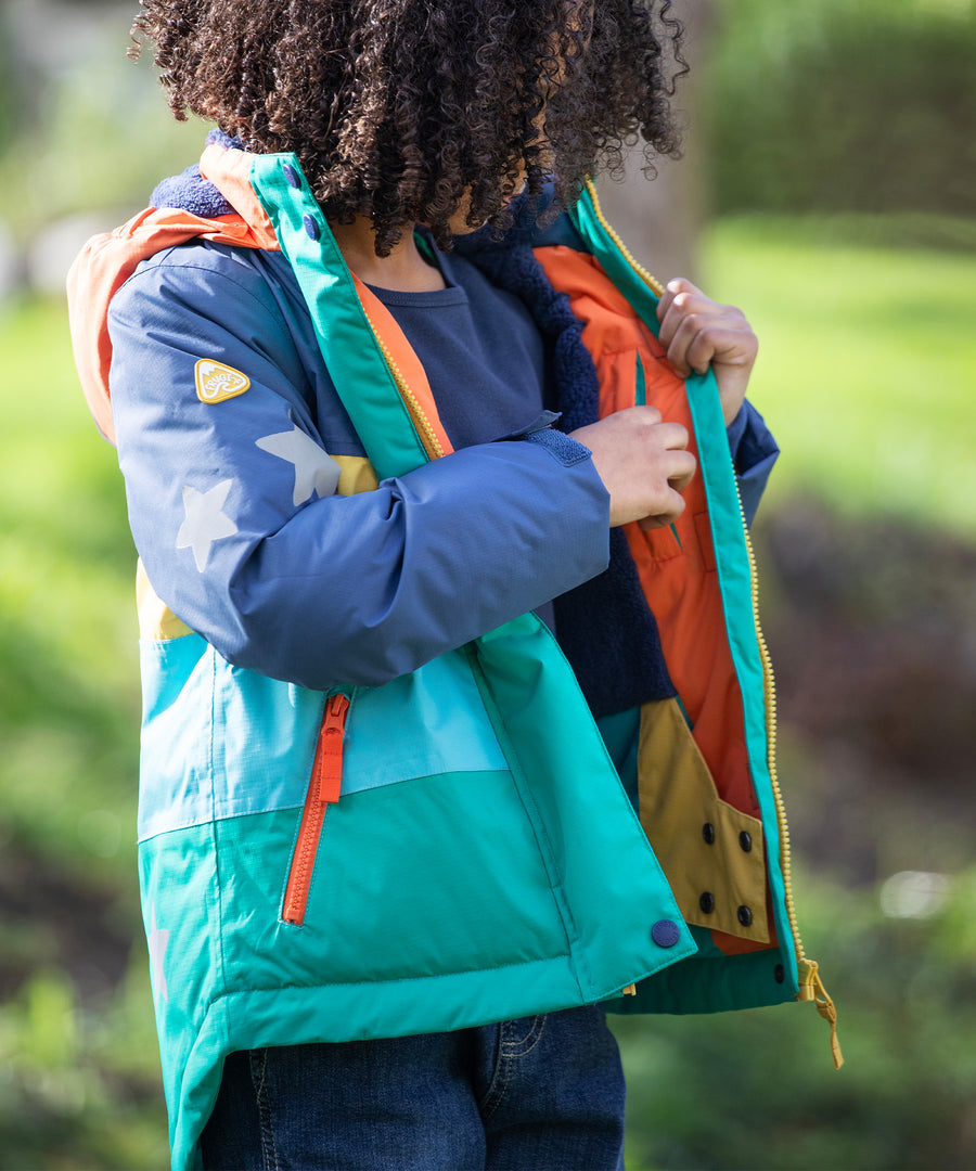 A closer look at the wrist cuffs on the Frugi Snow & Ski Coat - Iguana Colourblock