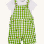 Frugi kids Alfred dungarees outfit, macaw gingham carrots - GOTS organic cotton kids dungaree outfit with a white short sleeve t-shirt and green gingham dungaree with button fasteners. Features orange carrots embroidery scattered on the dungaree. 