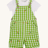 Frugi kids Alfred dungarees outfit, macaw gingham carrots - GOTS organic cotton kids dungaree outfit with a white short sleeve t-shirt and green gingham dungaree with button fasteners. Features orange carrots embroidery scattered on the dungaree. 