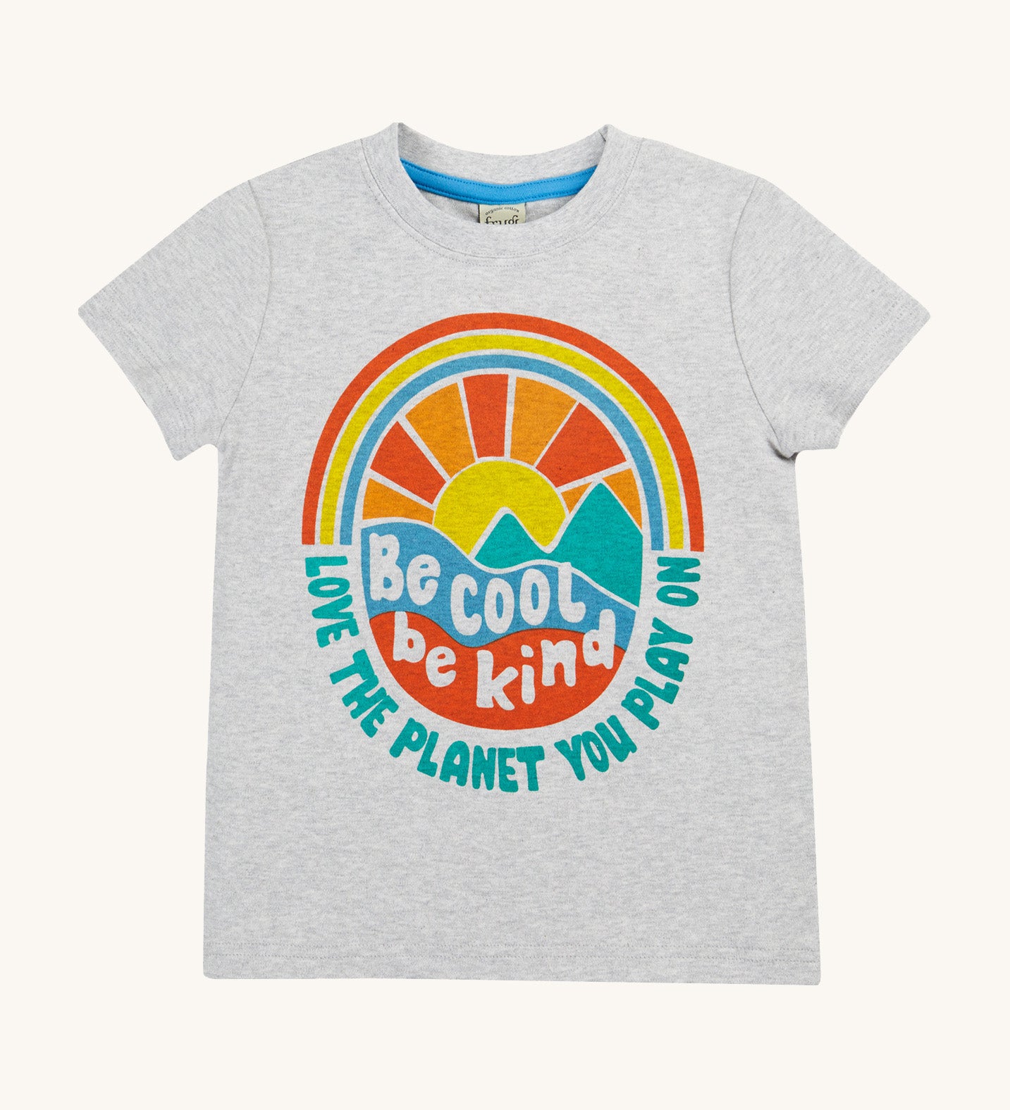 Frugi kids be cool carsen printed t-shirt - GOTS organic cotton kids grey t-shirt with short sleeves. Features a vibrant outdoor graphic print with 'Be cool be kind' slogan on top of the graphic