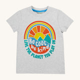 Frugi kids be cool carsen printed t-shirt - GOTS organic cotton kids grey t-shirt with short sleeves. Features a vibrant outdoor graphic print with 'Be cool be kind' slogan on top of the graphic