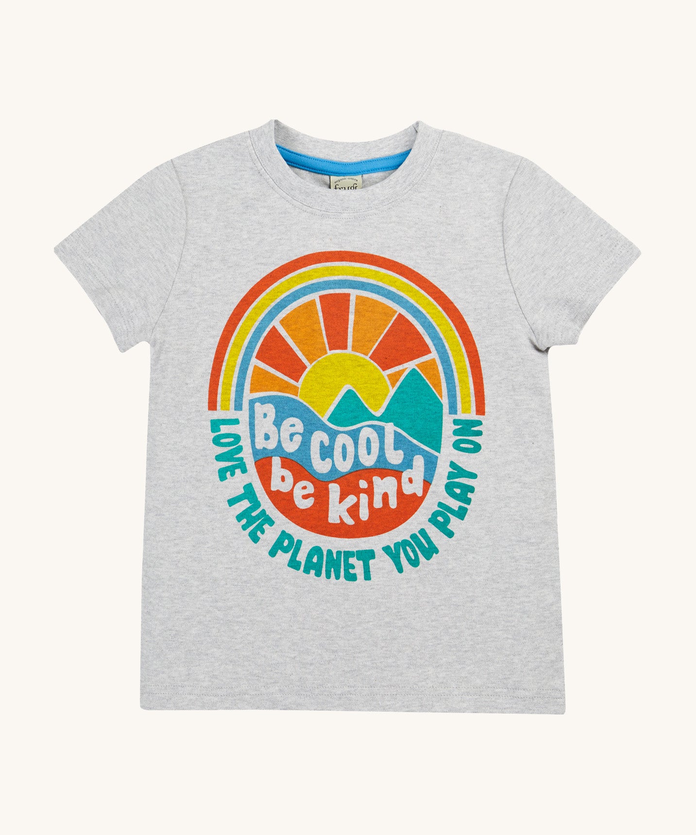 Frugi kids be cool carsen printed t-shirt - GOTS organic cotton kids grey t-shirt with short sleeves. Features a vibrant outdoor graphic print with 'Be cool be kind' slogan on top of the graphic