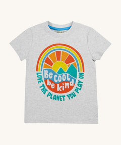 Frugi kids be cool carsen printed t-shirt - GOTS organic cotton kids grey t-shirt with short sleeves. Features a vibrant outdoor graphic print with 'Be cool be kind' slogan on top of the graphic