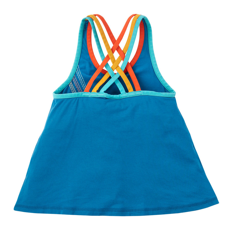 Back of the childrens Frugi yoga galaxy vest on a white background