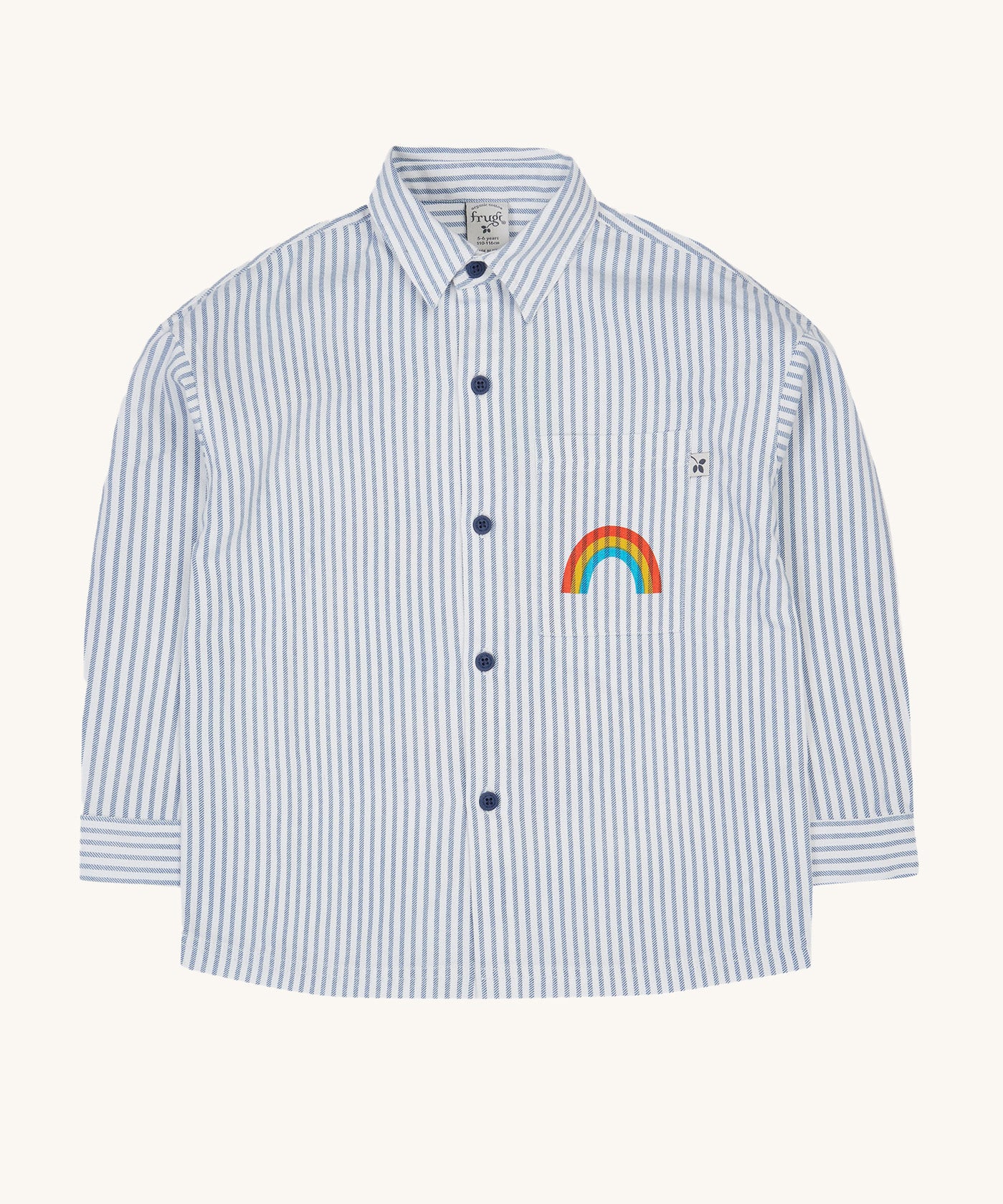 Frugi kids shacket, shirt with blue and white stripes and rainbow design on a cream background.