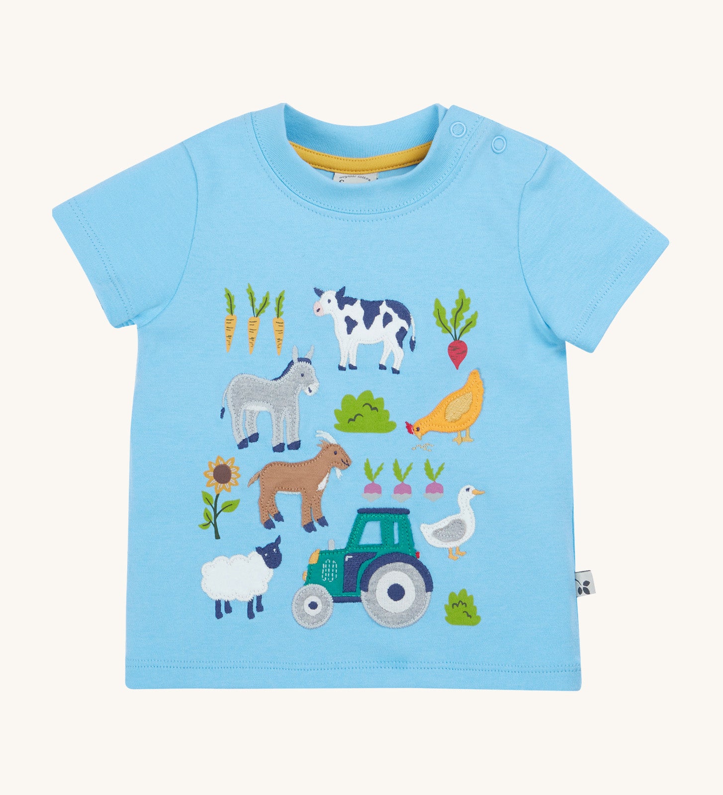 Frugi kids bluebird farm life t-shirt - GOTS organic cotton Frugi kids tshirt in light blue colour. Features a cow, donkey, hen, goat, sheep, goose, tractor, sunflower, carrot, radish and a beetroot appliqué. 