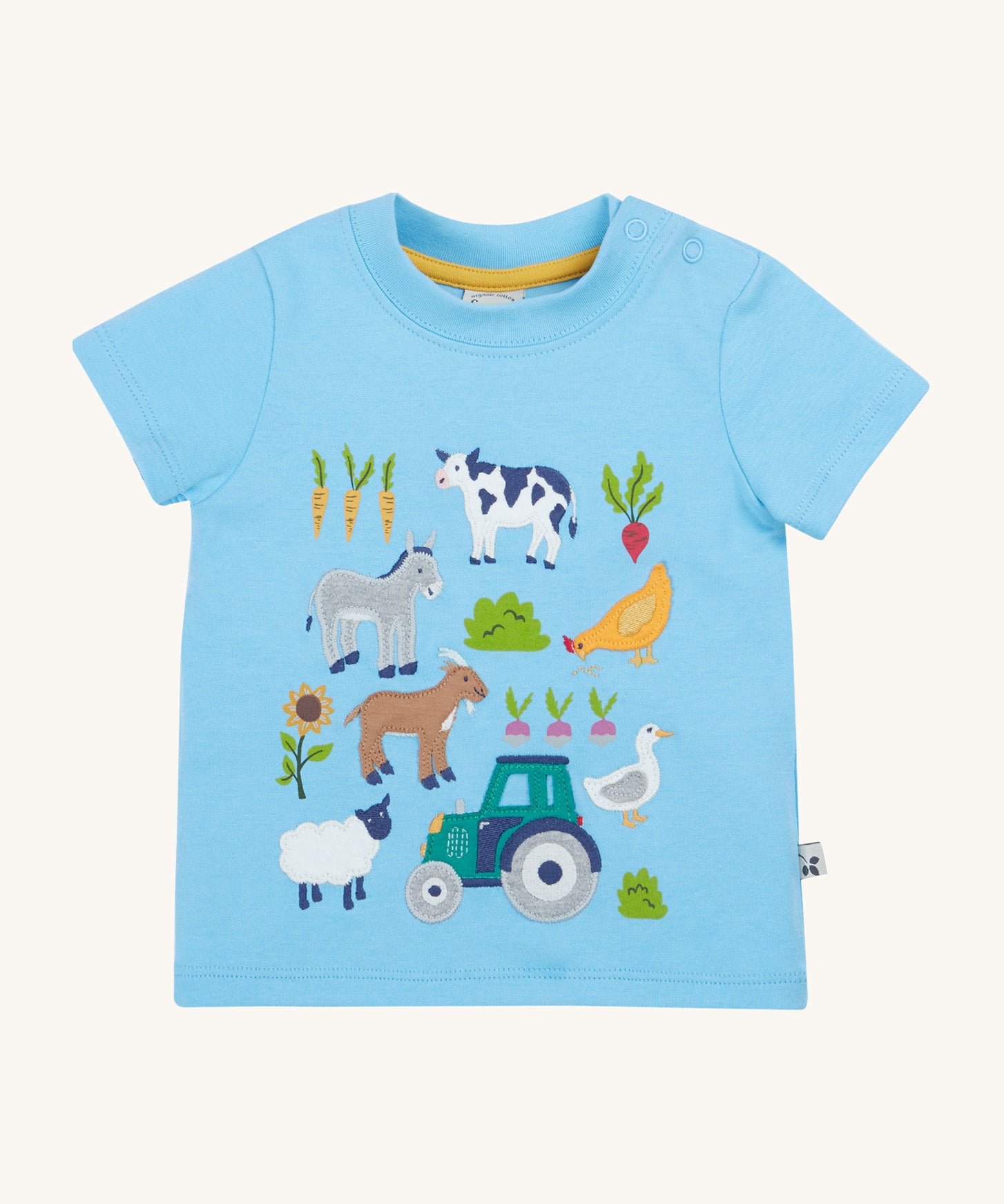 Frugi kids bluebird farm life t-shirt - GOTS organic cotton Frugi kids tshirt in light blue colour. Features a cow, donkey, hen, goat, sheep, goose, tractor, sunflower, carrot, radish and a beetroot appliqué. 