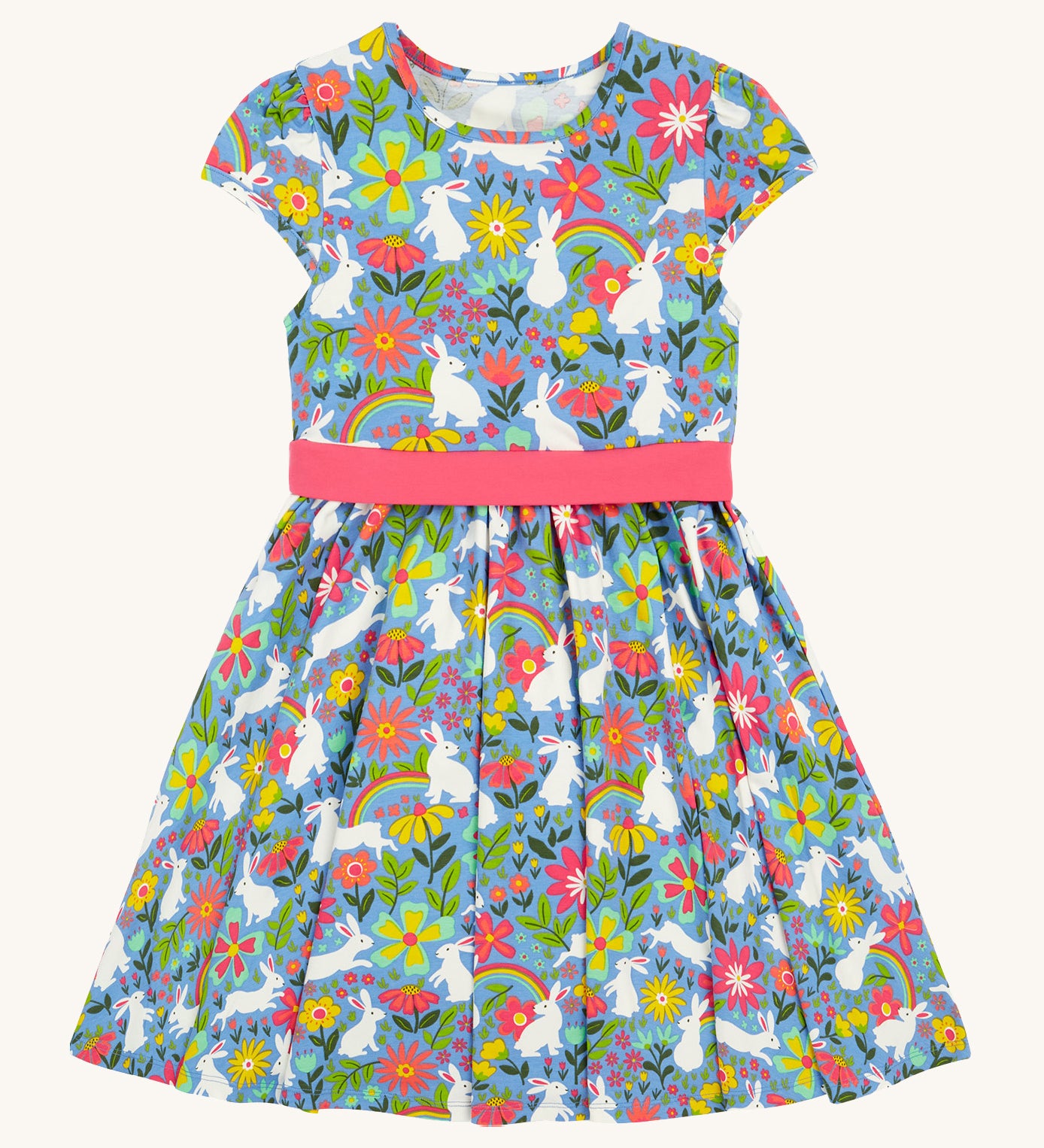 Frugi kids bunny bounce skater dres - GOTS organic kids skater dress in pastel blue, sleeveless with a pink bow waist band. Features a print of different bunnies and coloured flowers.