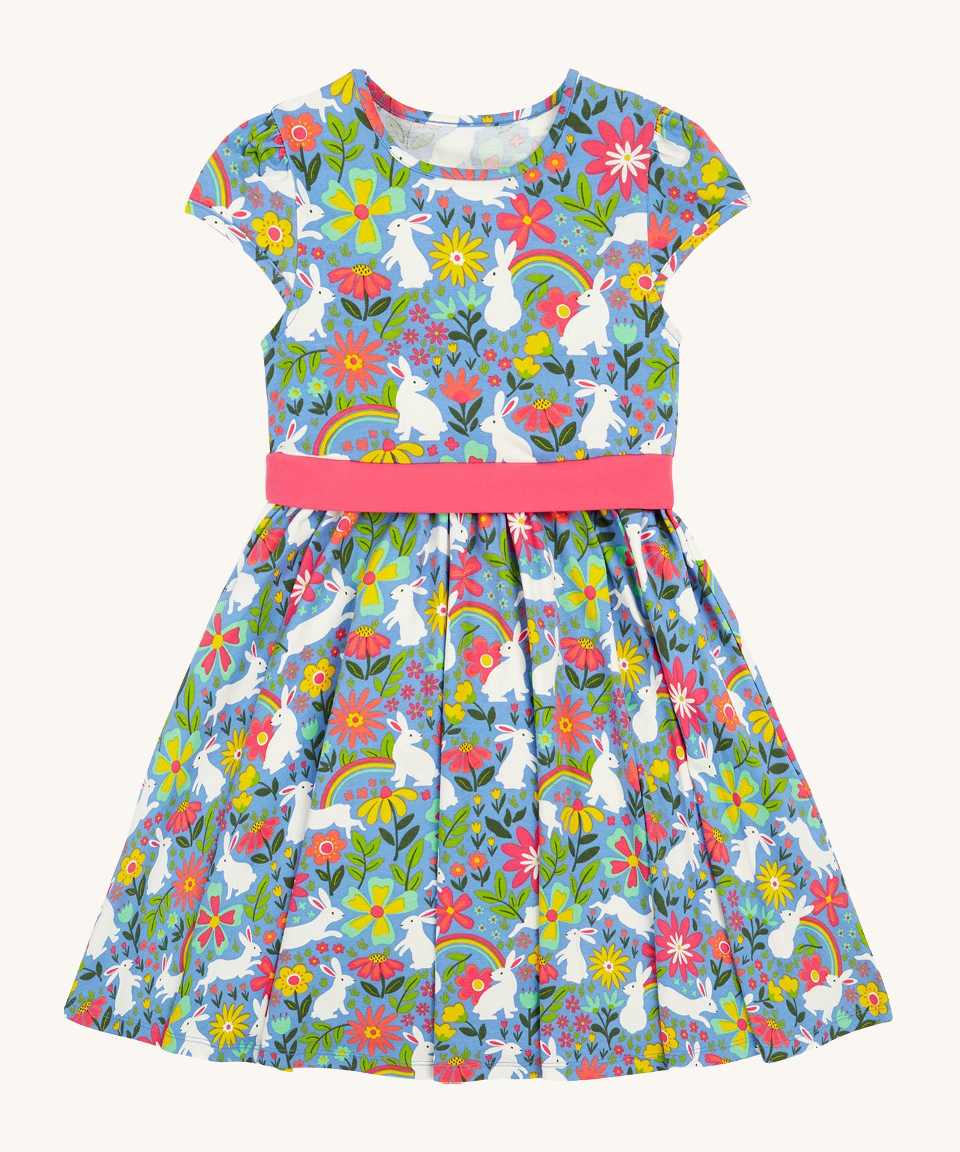 Frugi kids bunny bounce skater dres - GOTS organic kids skater dress in pastel blue, sleeveless with a pink bow waist band. Features a print of different bunnies and coloured flowers.