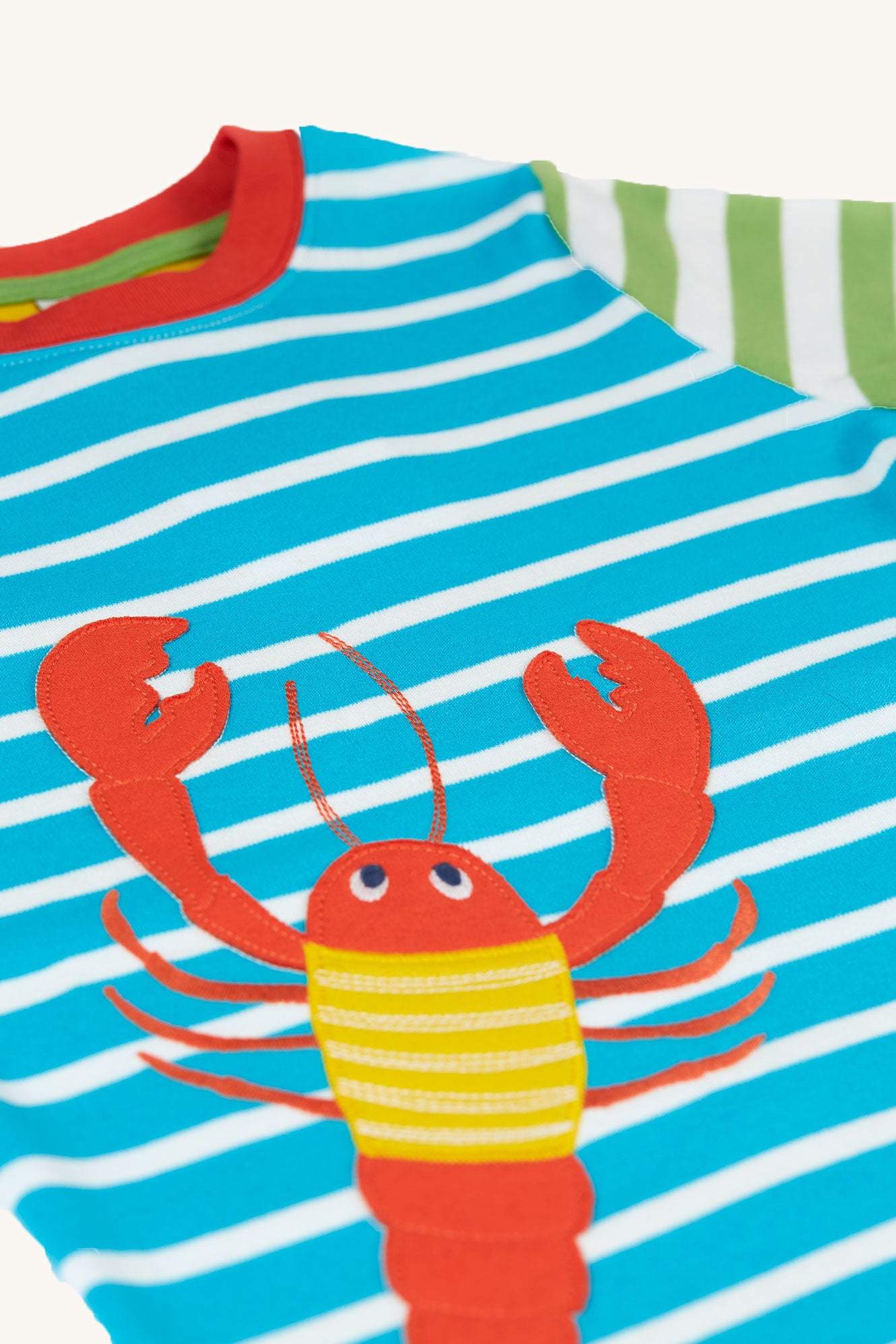  wearing the Frugi Children's Organic Cotton Hotchpotch Applique T-Shirt - Lobster. A colourful multi stripe Frugi T-Shirt for children