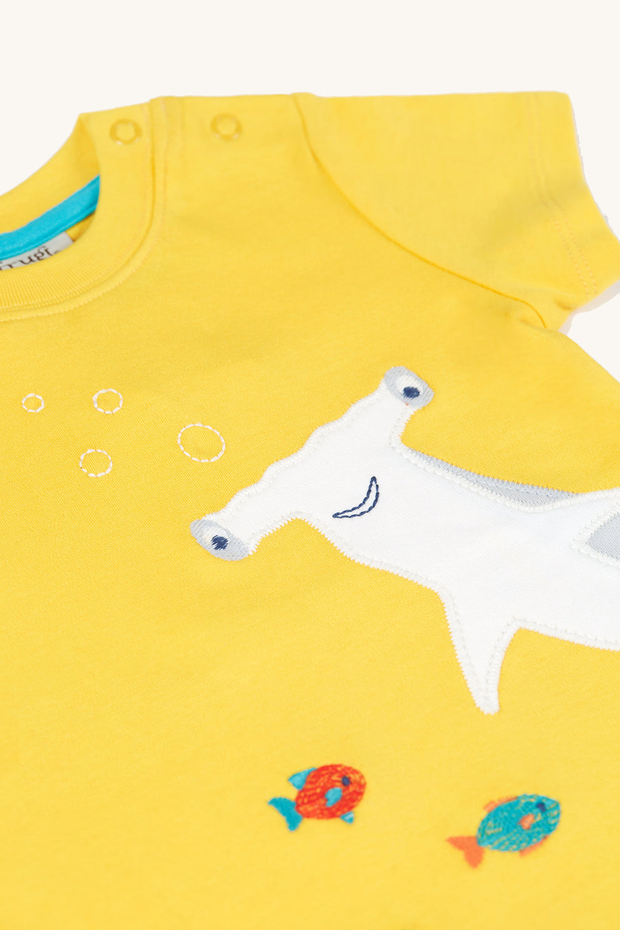 The back of the Frugi Children's Organic Cotton Jaime Applique T-Shirt - Shark