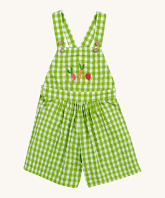 Frugi kids macaw gingham, veg Cassie culotte dungarees - GOTS organic cotton kids dungarees with green and white gingham, button fasteners on the shoulder straps for easy fitting with a front pouch pocket. Features an embroidery of  a beetroot, carrot and apple.