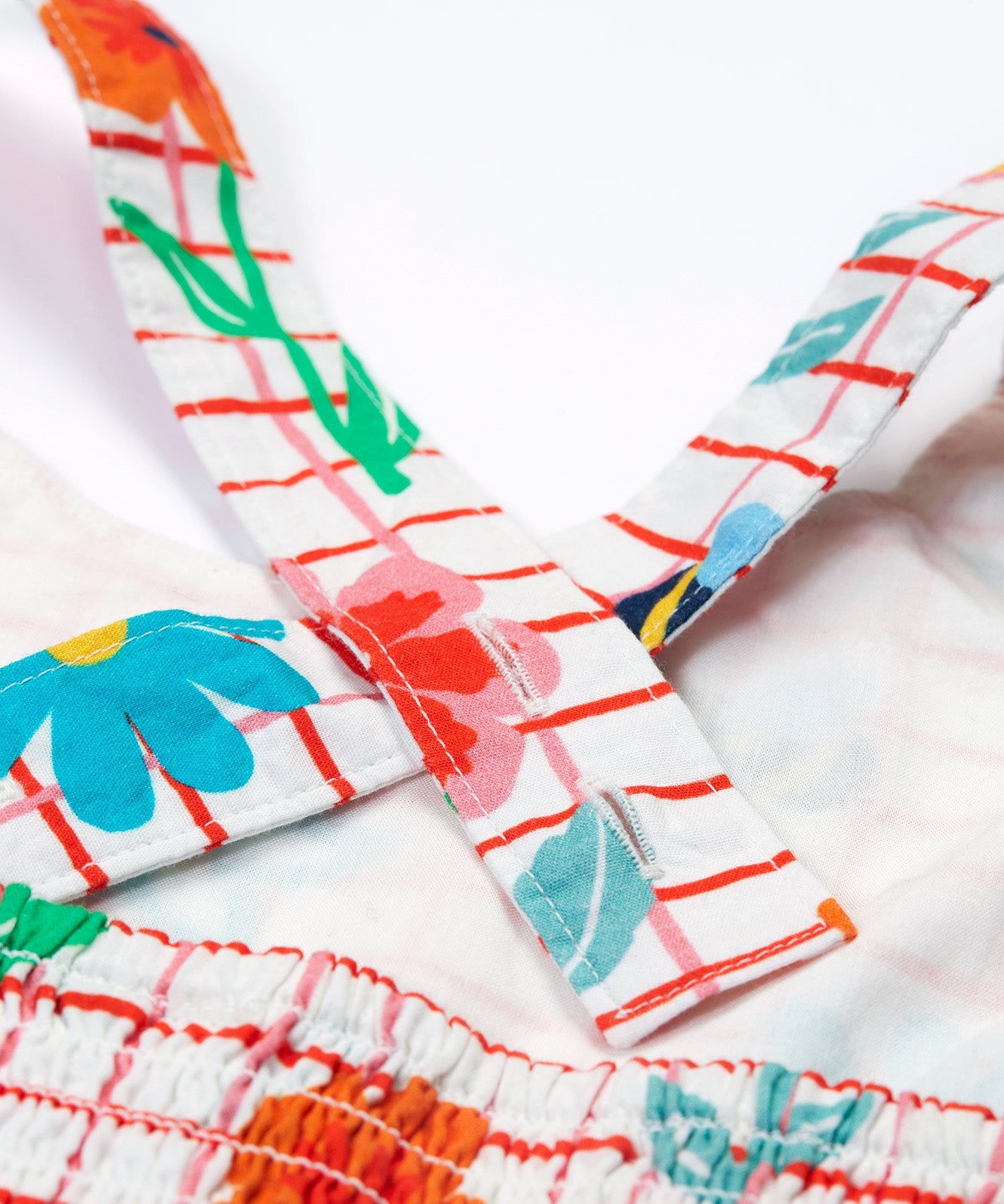 Close up of the Frugi kids Delpi paint a floral dress. Showing the back of the shoulder strap detail, coloured flowers and yellow bees on white check with red outline organic cotton fabric