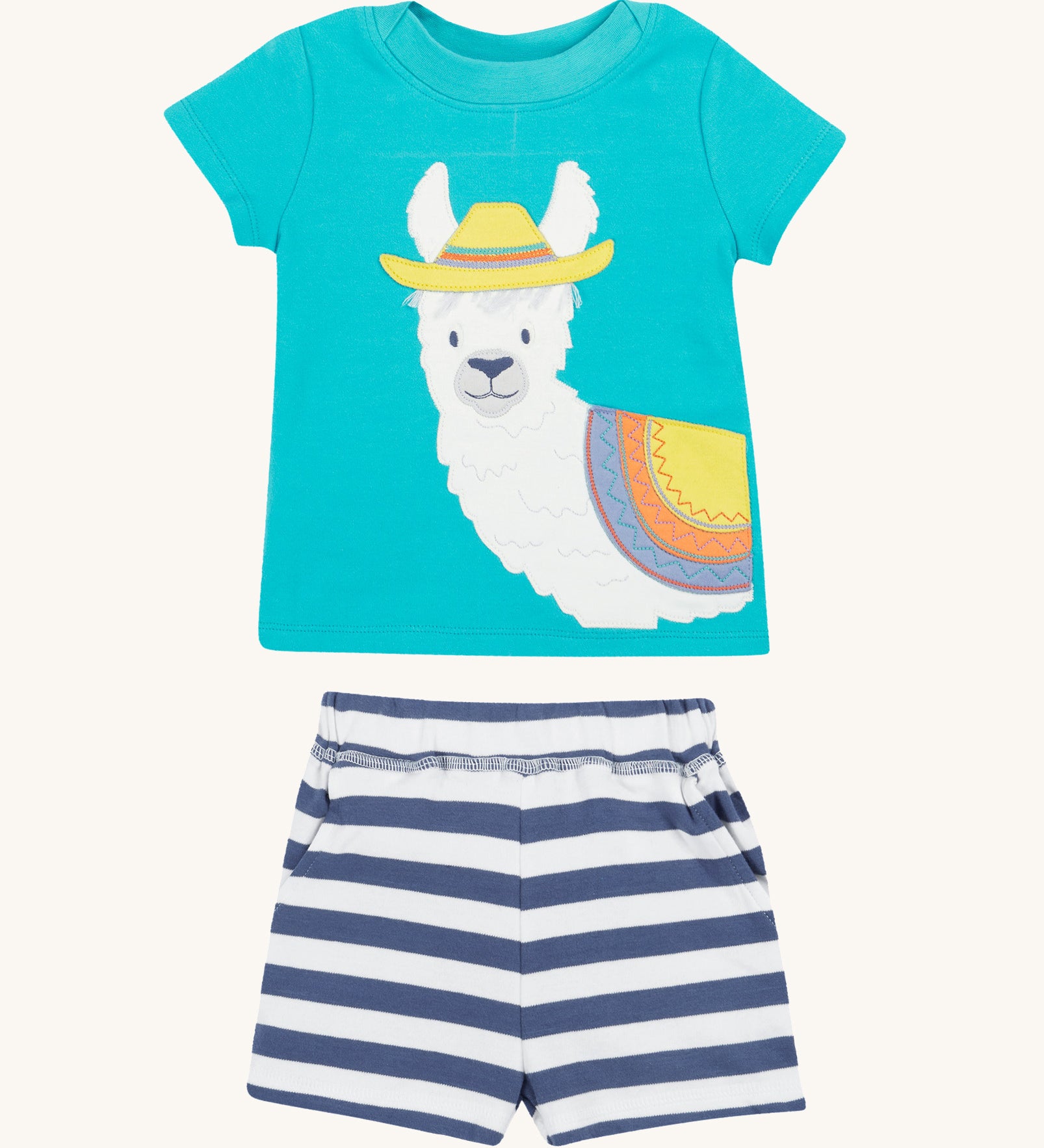 Frugi kids easy on outfit - GOTS organic cotton outfit with a light blue t-shirt, short sleeves and blue and white stripe shorts. Features a llama applique on the front wearing a hat and loose cotton thread as hair.