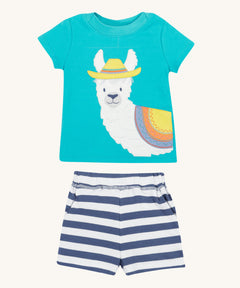 Frugi kids easy on outfit - GOTS organic cotton outfit with a light blue t-shirt, short sleeves and blue and white stripe shorts. Features a llama applique on the front wearing a hat and loose cotton thread as hair.