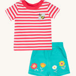 Frugi kids easy on bee outfit - GOTS organic cotton kids outfit features a  light pink tshirt with white stripes, short sleeve, light pink neck trim and a bee applique on the chest. Light blue shorts with applique flowers. 