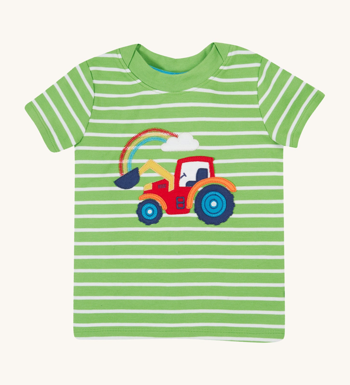 Frugi kids easy on breton tractor t-shirt- GOTS organic cotton kids t-shirt with green and white stripes, short sleeve and green neck trim. Features a tractor  applique with a rainbow embroidery in the tractor bucket,