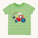 Frugi kids easy on breton tractor t-shirt- GOTS organic cotton kids t-shirt with green and white stripes, short sleeve and green neck trim. Features a tractor  applique with a rainbow embroidery in the tractor bucket,