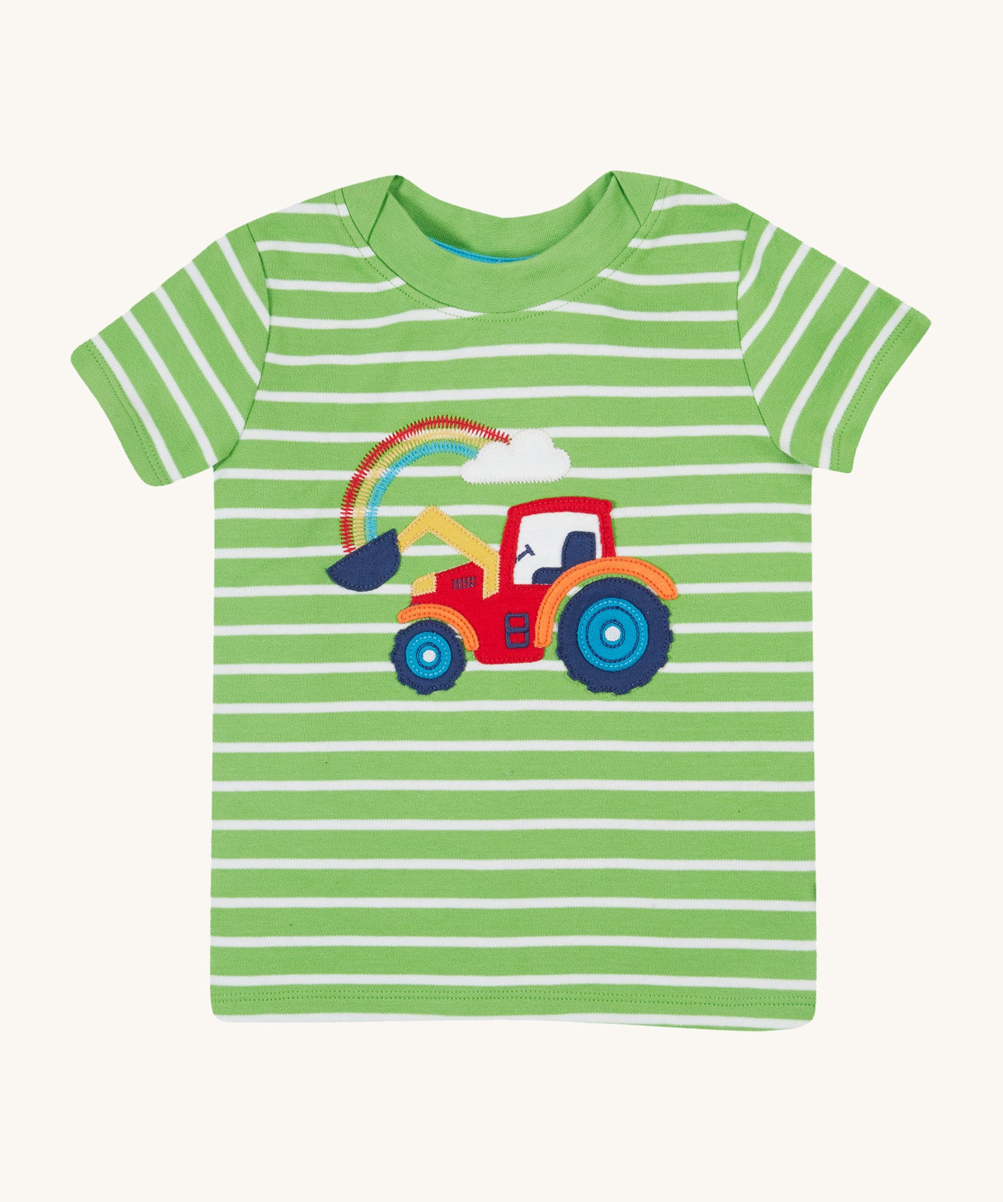 Frugi kids easy on breton tractor t-shirt- GOTS organic cotton kids t-shirt with green and white stripes, short sleeve and green neck trim. Features a tractor  applique with a rainbow embroidery in the tractor bucket,