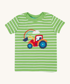 Frugi kids easy on breton tractor t-shirt- GOTS organic cotton kids t-shirt with green and white stripes, short sleeve and green neck trim. Features a tractor  applique with a rainbow embroidery in the tractor bucket,