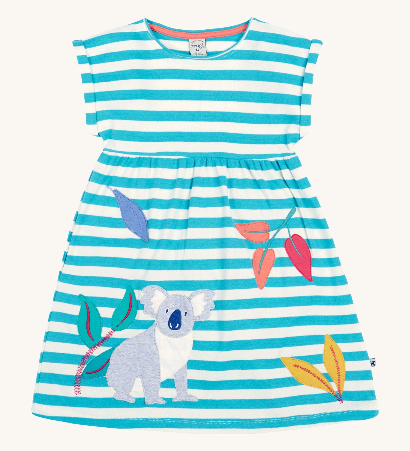 Frugi kids Felicity koala dress with a white and light blue stripes, sleeveless and features a appliqué of a kola next to different coloured appliqué leaves