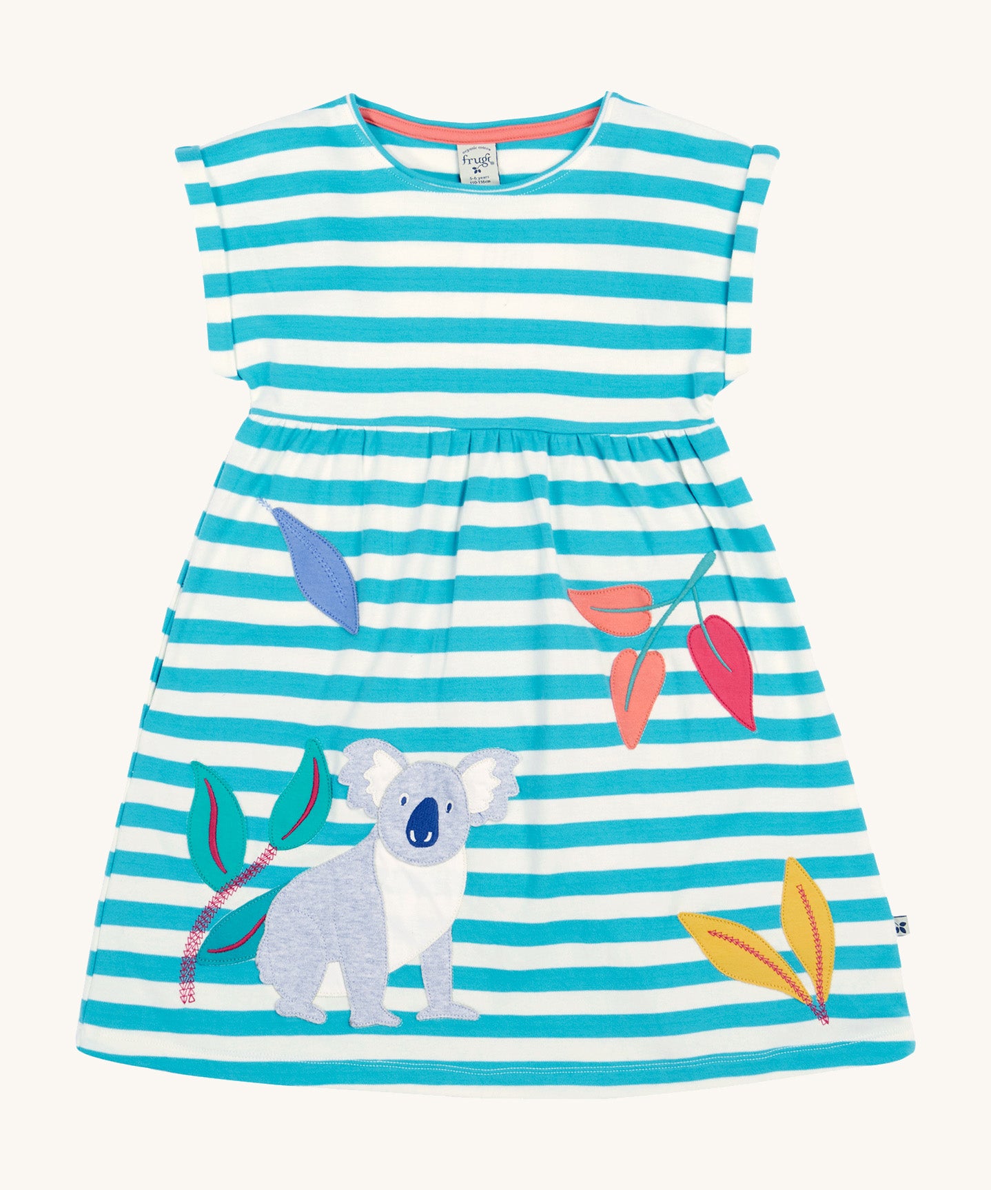 Frugi kids Felicity koala dress with a white and light blue stripes, sleeveless and features a appliqué of a kola next to different coloured appliqué leaves