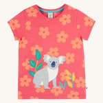 Frugi kids flora fun koala t-shirt - GOTS organic cotton kids t-shirt in light pink with pastel orange floral print and short sleeves. Features an applique of a grey koala next to coloured leaves