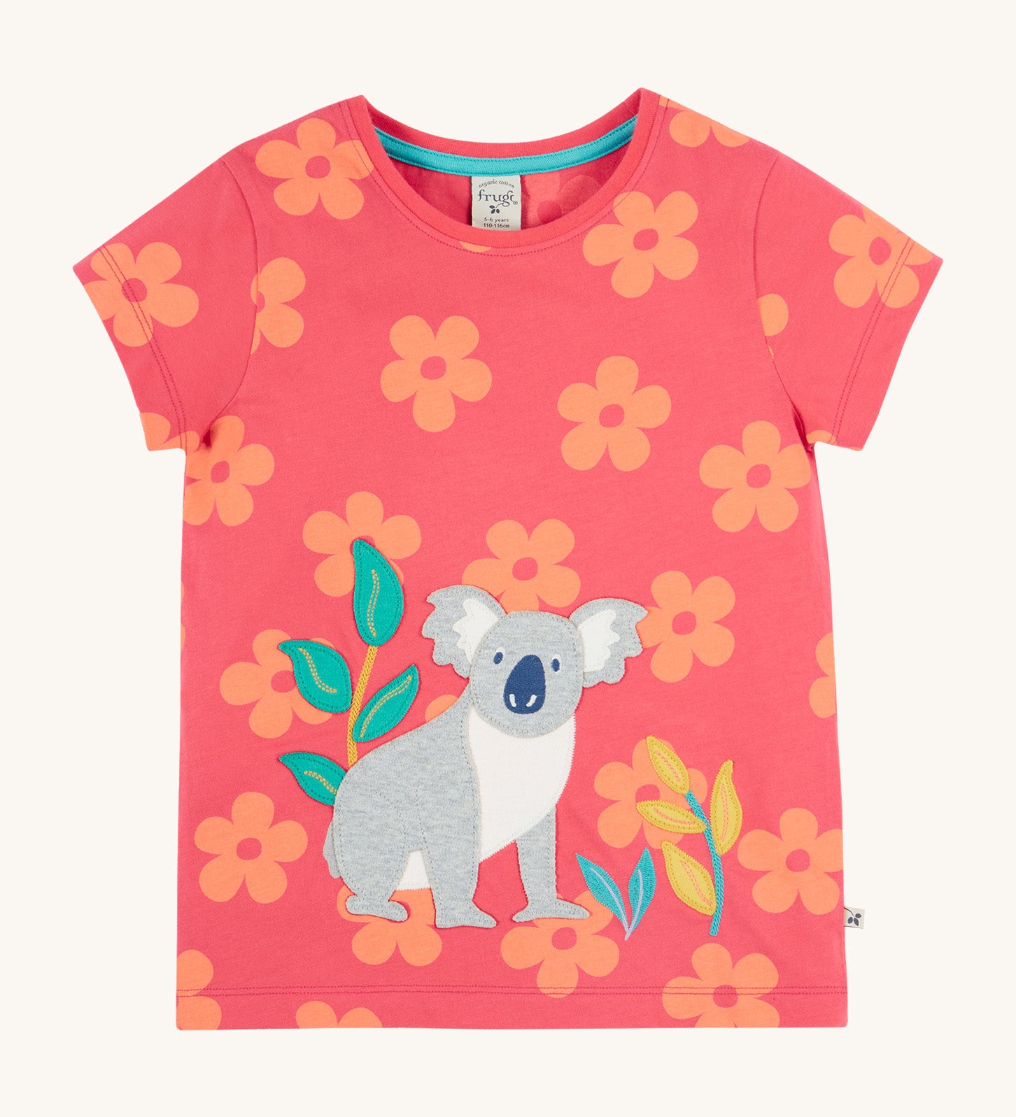 Frugi kids flora fun koala t-shirt - GOTS organic cotton kids t-shirt in light pink with pastel orange floral print and short sleeves. Features an applique of a grey koala next to coloured leaves